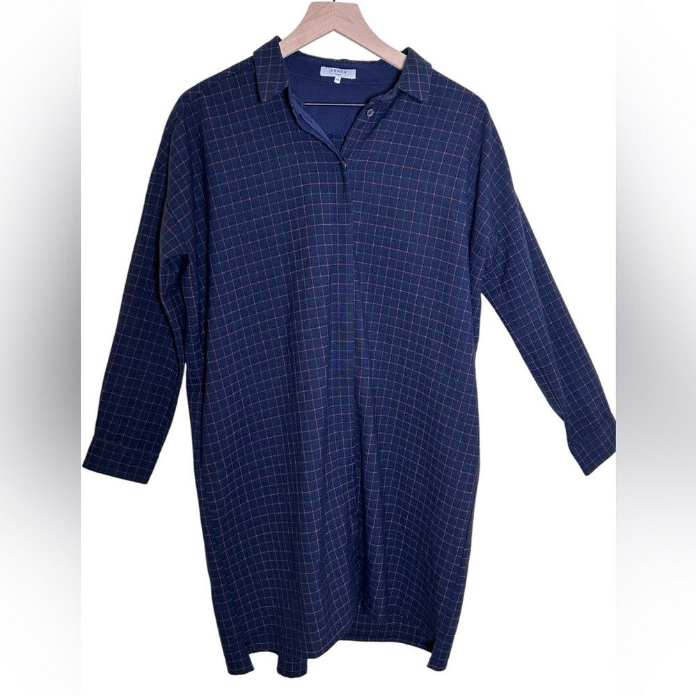 FRNCH Paris‎ Robe-Style Shirt Dress Windowpane Plaid Navy M/L